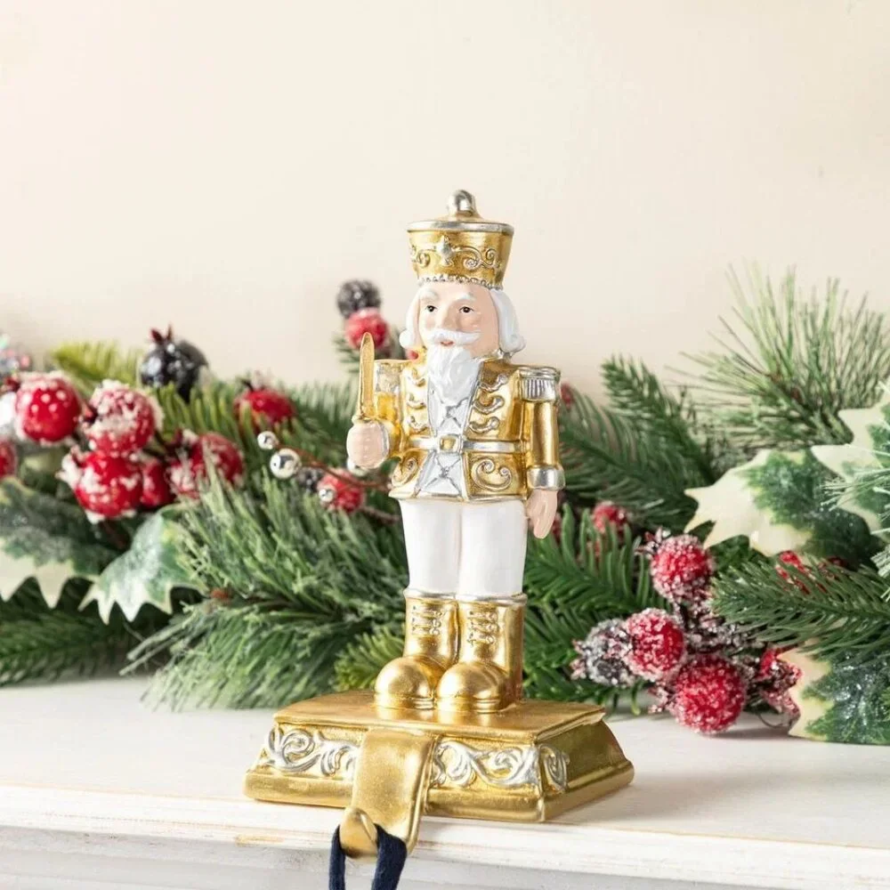 Nutcracker Christmas Stocking Holders, Set of 2 Gold and White